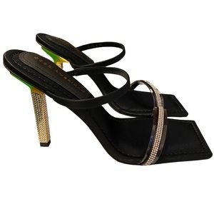 NEW Good American Black Square Toe Rhinestone Slip On Stilettos Gold Heels